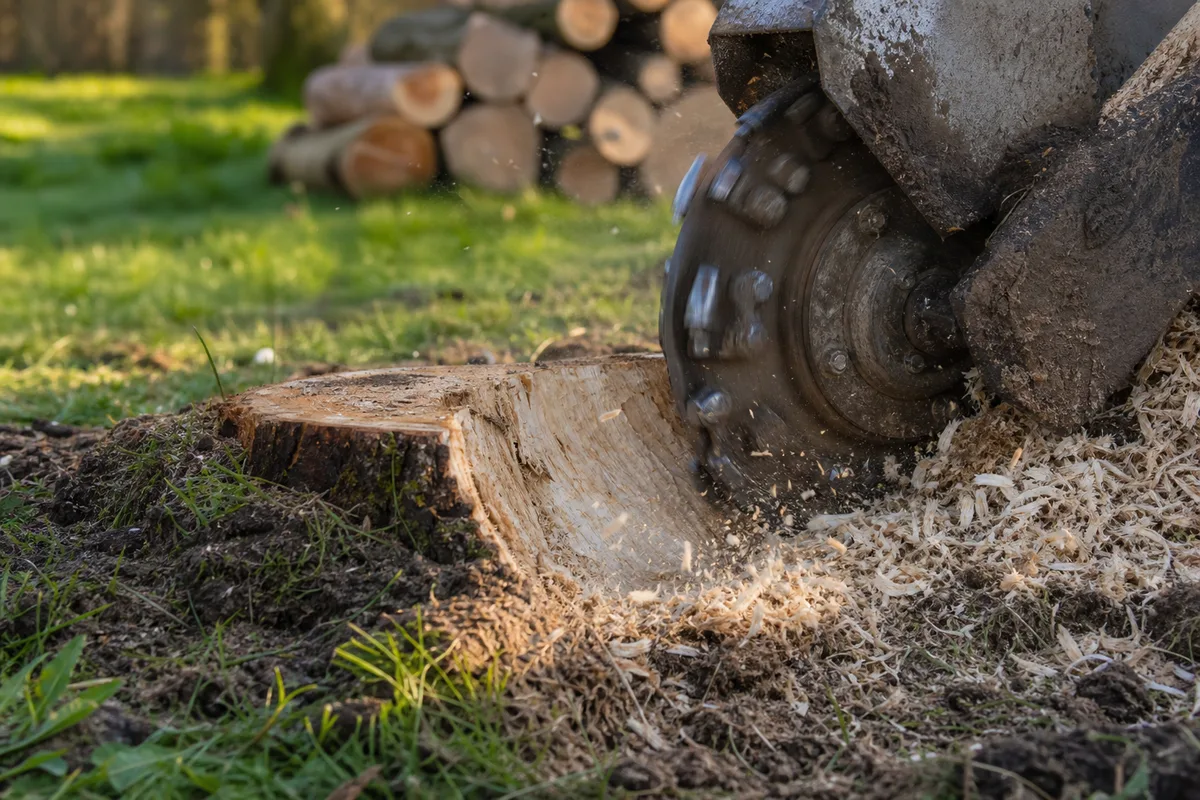 Souche broyée à la rogneuse dans un jardin breton, copeaux de bois répartis au sol après un abattage récent