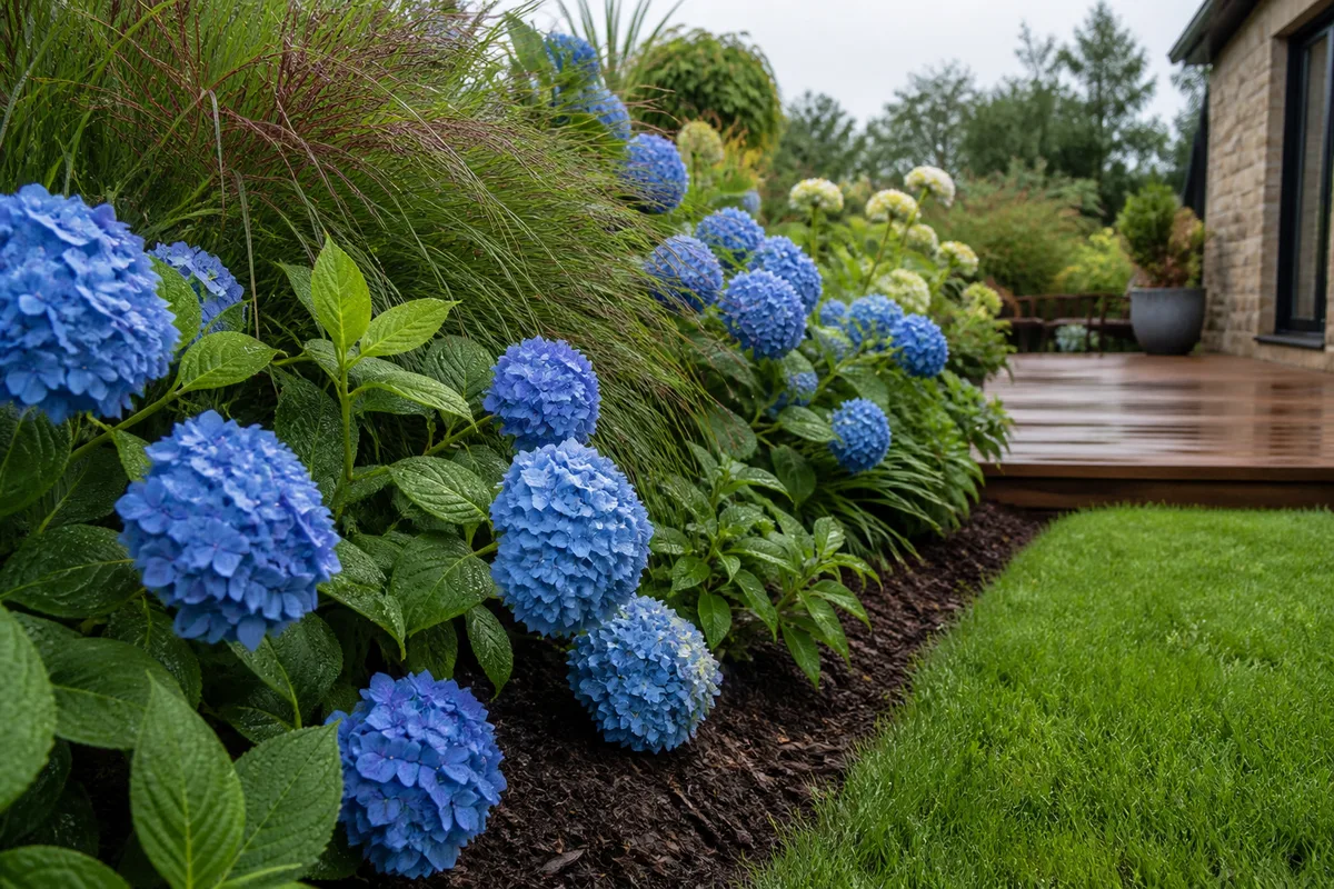 Jardin paysager d’une maison de campagne au sud de Rennes avec massifs d’hortensias, pelouse et terrasse en bois