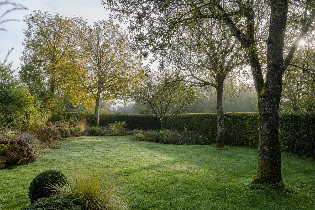 Jardin paysager d’une maison bretonne avec pelouse verte, massifs plantés et haie taillée sous un ciel doux d’Ille-et-Vilaine