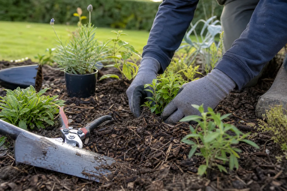 Paysagiste au travail plantant de jeunes arbustes dans un massif de terre travaillée d’un jardin breton, outils de jardinage posés à côté
