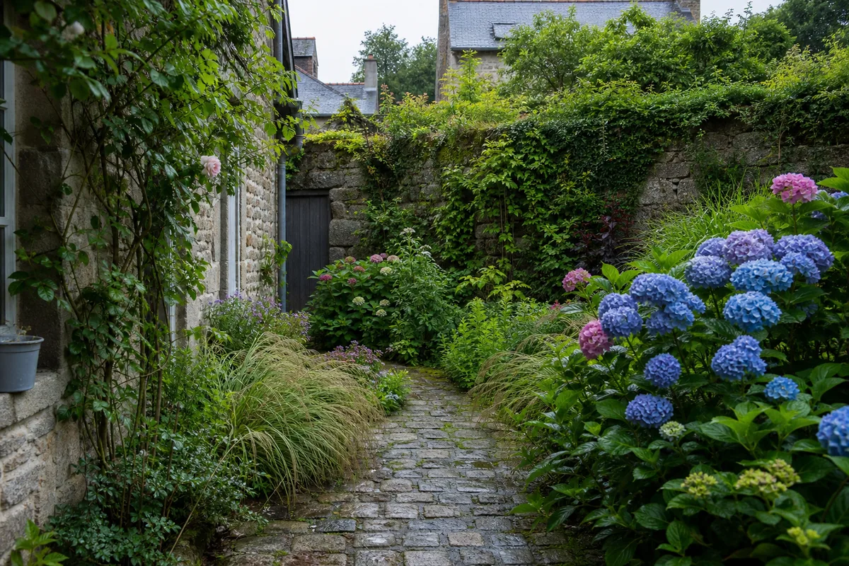 Jardin de maison de bourg en granit à Vitré avec massifs d’hortensias et allée pavée bordée de graminées