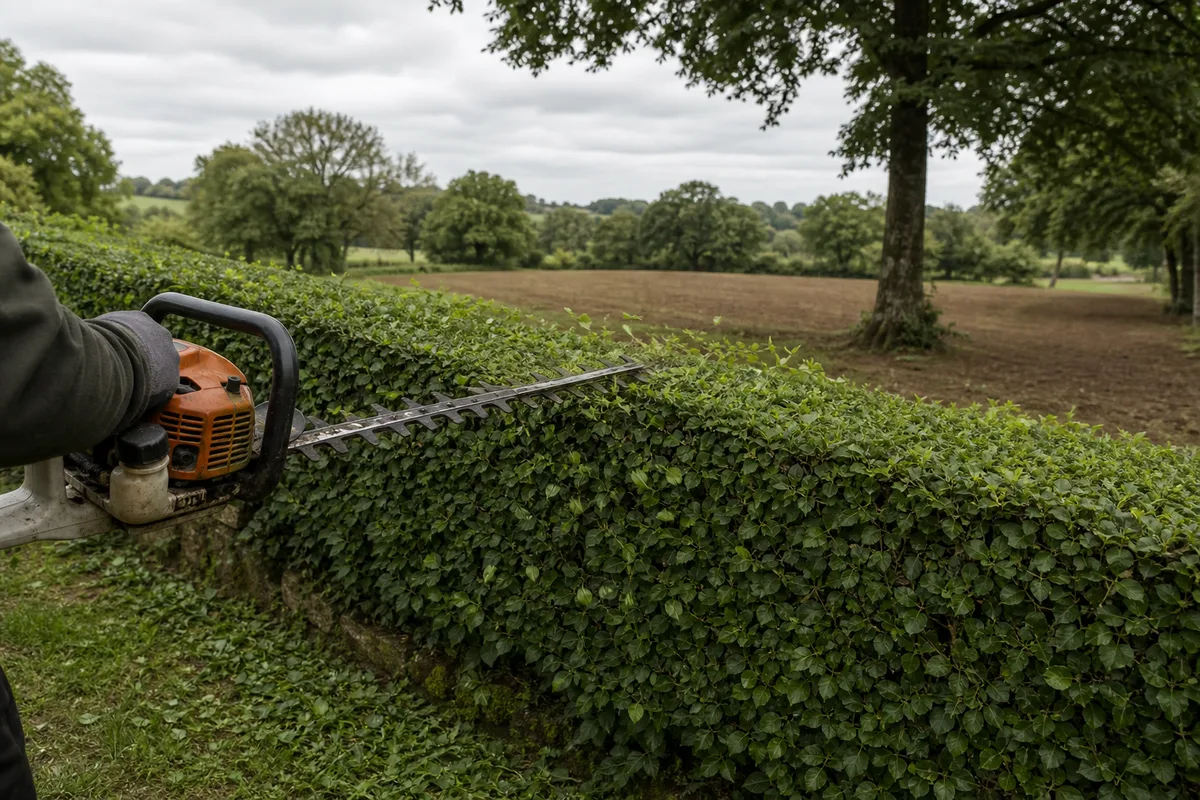 Paysagiste taillant une haie de charmille dans un jardin rural du pays de Vitré, terrain arboré et sol argileux